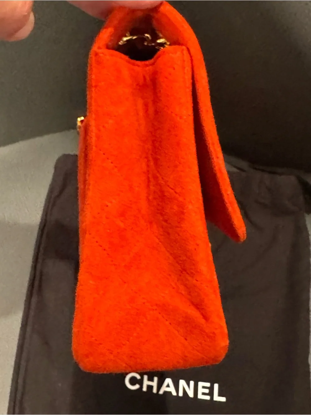CHANEL Red Quilted Suede Shoulder Bag with Gold Chain